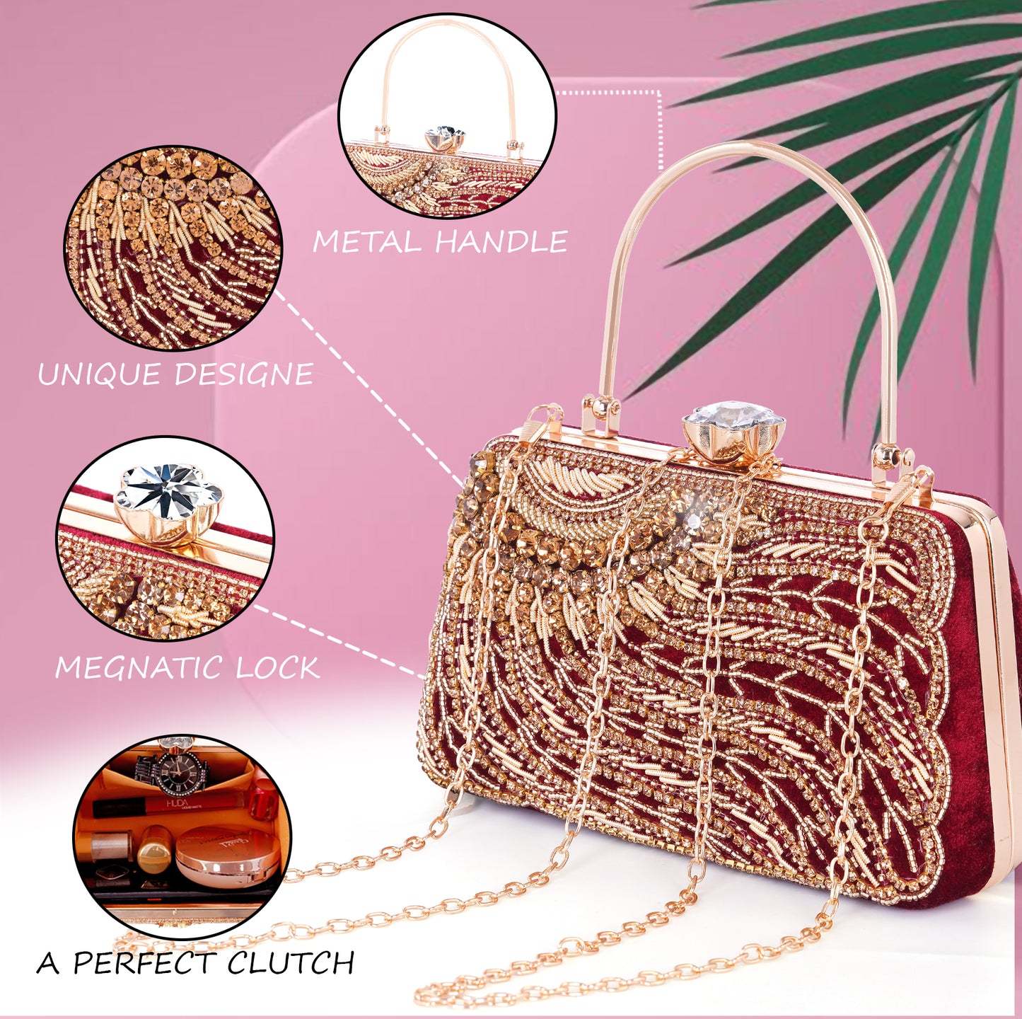 A.E Designer Embroidered Maroon Bridal Clutch for Women | Traditional