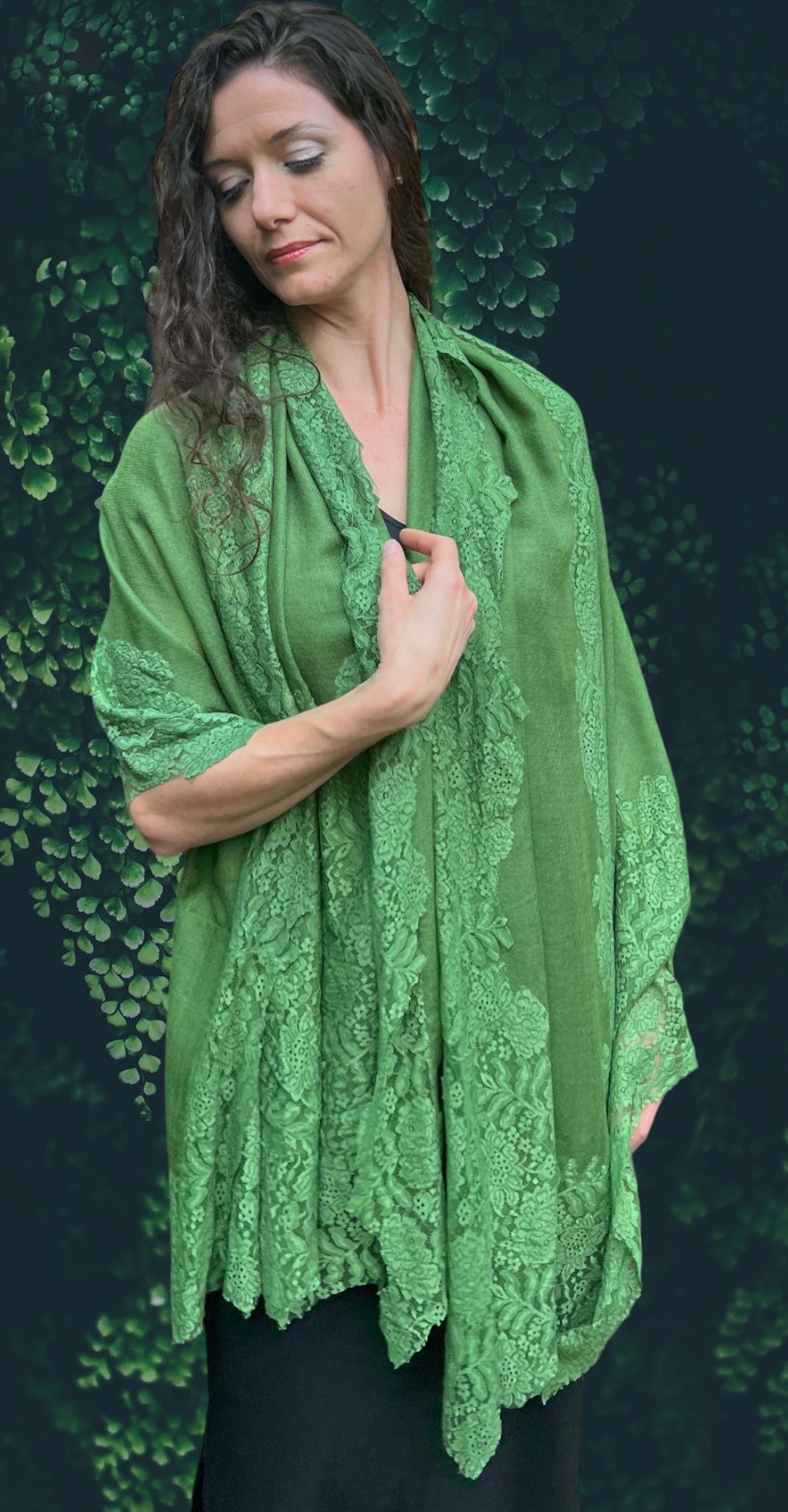 Green Wool and Silk Lace Scarf / Wrap