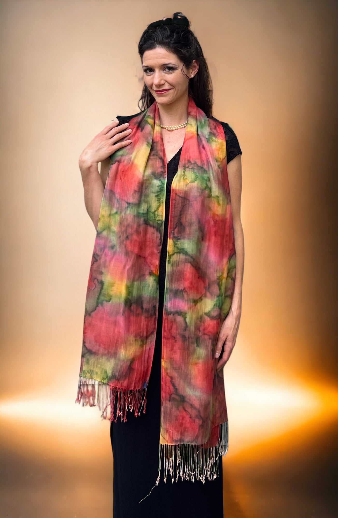 Red, Yellow, Green Modal Silk Hand Painted Watercolor Scarf