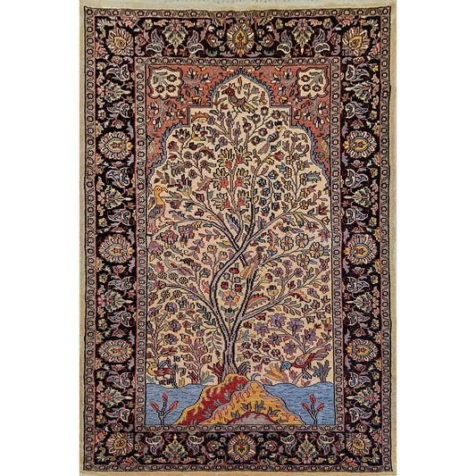 Hand Knotted Tree And Birds Oriental Silk Carpet