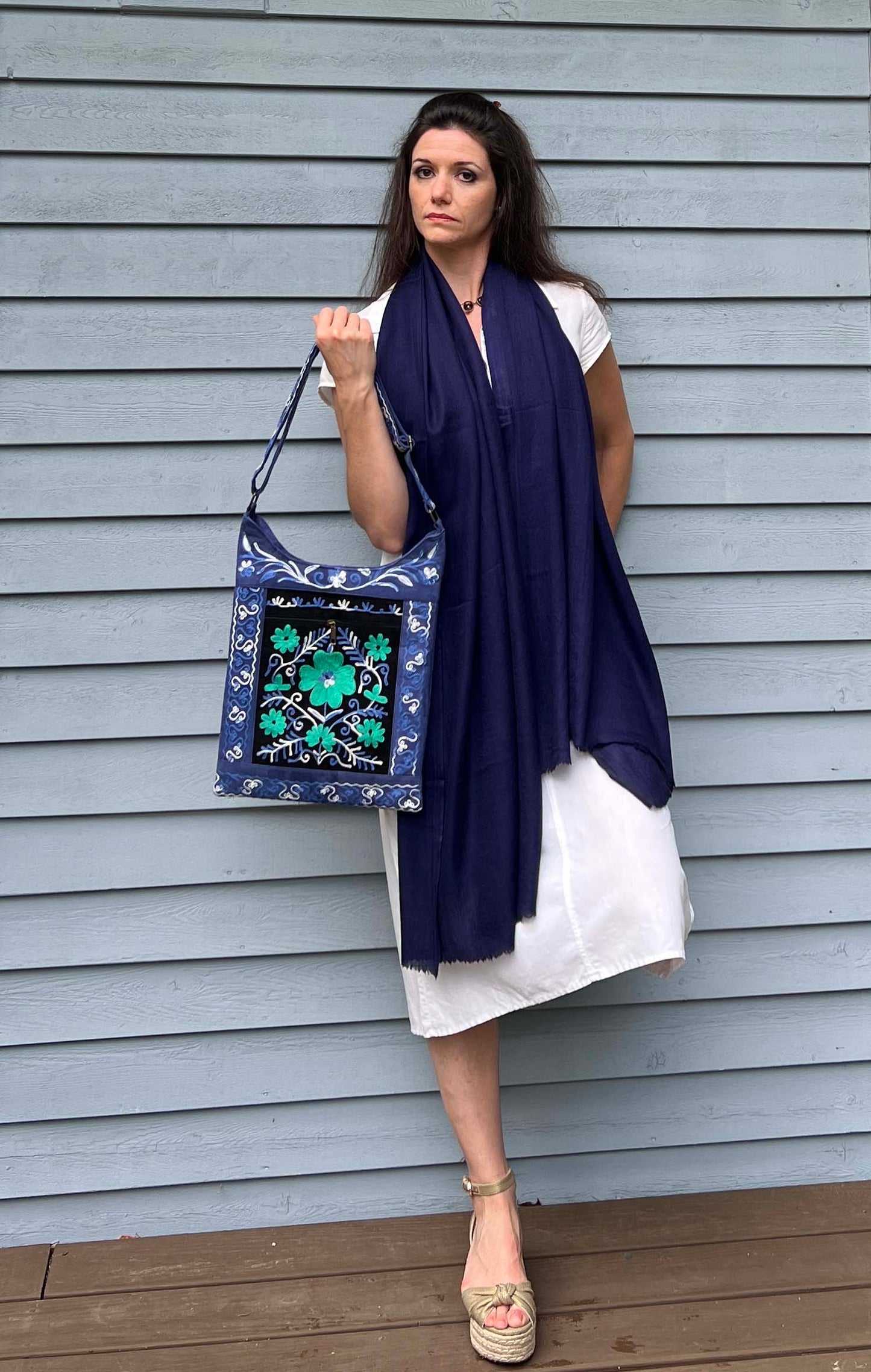 Navy Blue Cashmere Thin Weave Solid Scarf