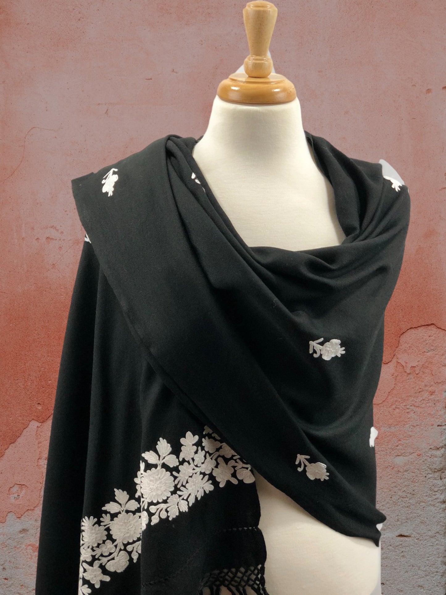Black and White Embroidered Wool Wrap