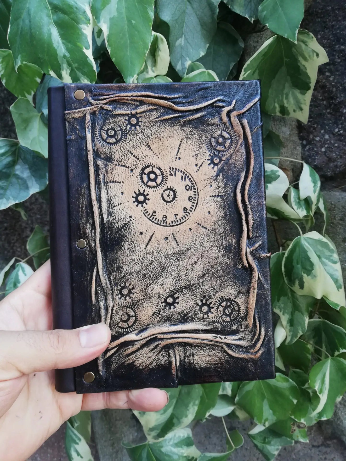 Gear Clock Dark Brown Leather Notebook Diary Journal