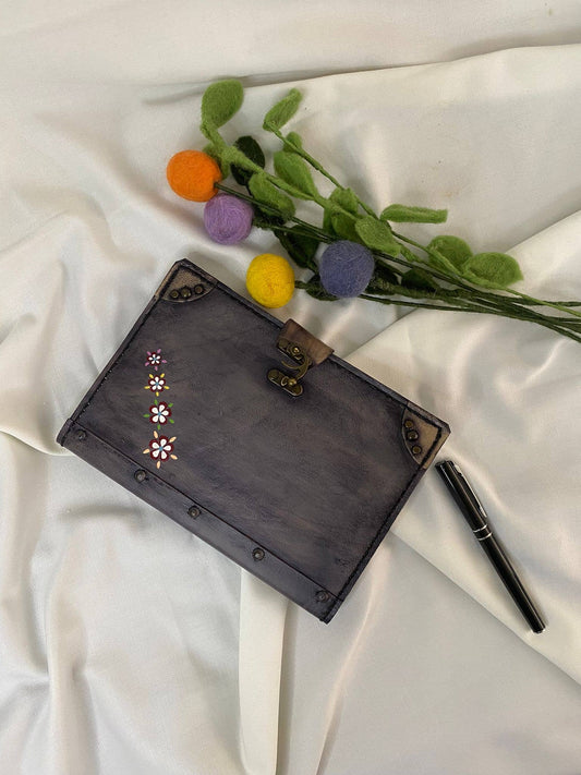 Floral Design Dark Gray Color Craft Leather Journal Diary Notebook