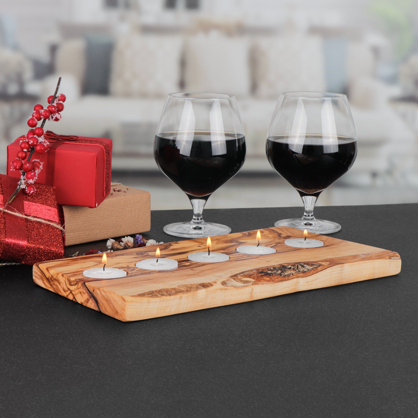 Tealight Candle Tray in Olive Wood – A Cozy, Handcrafted Accent