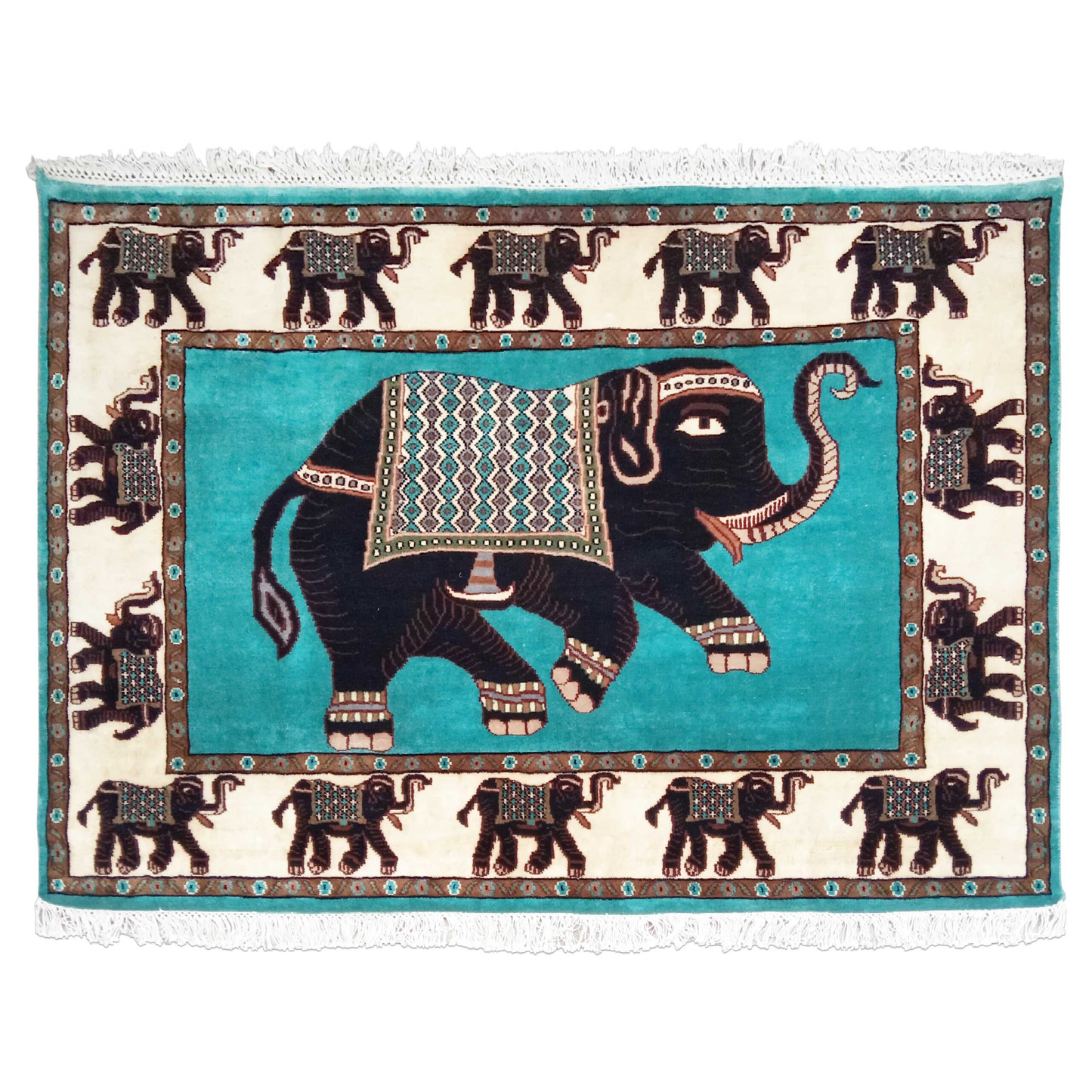 6×4 ft Handmade Elephant Wool Carpet Turquoise