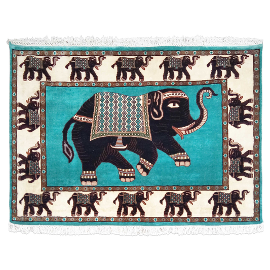 6×4 ft Handmade Elephant Wool Carpet Turquoise