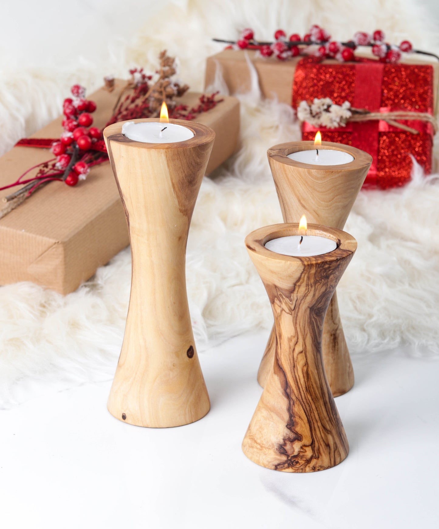 Candle Holder Set of 3 – Handcrafted Olive Wood Candle Stands