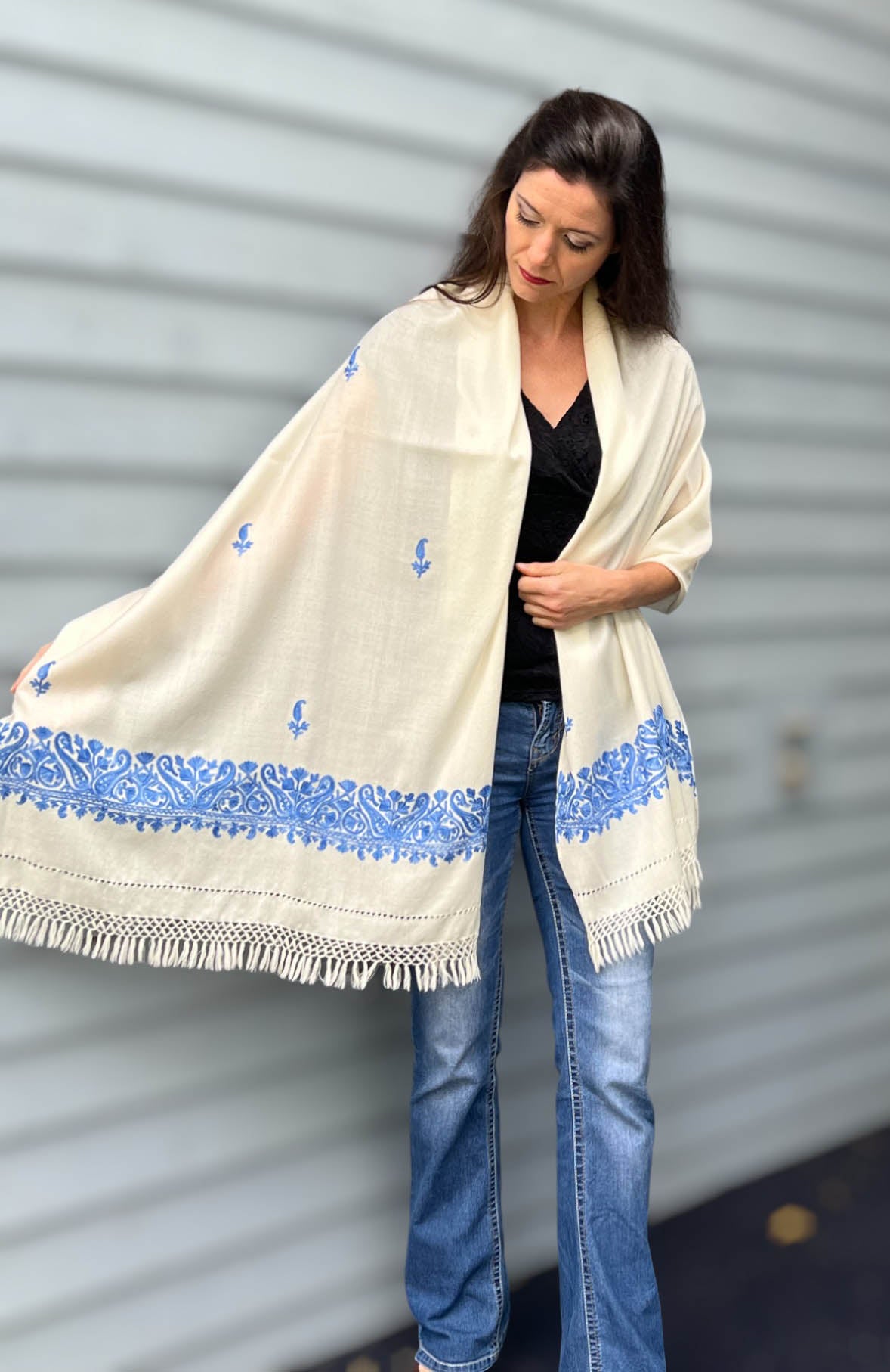 Sapphire and Ivory Embroidered Wool Wrap