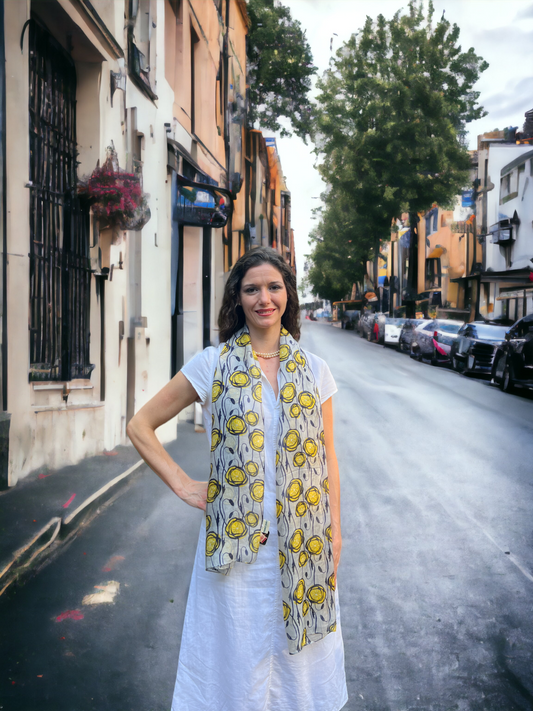 Gray and Yellow Tulip Silk Scarf