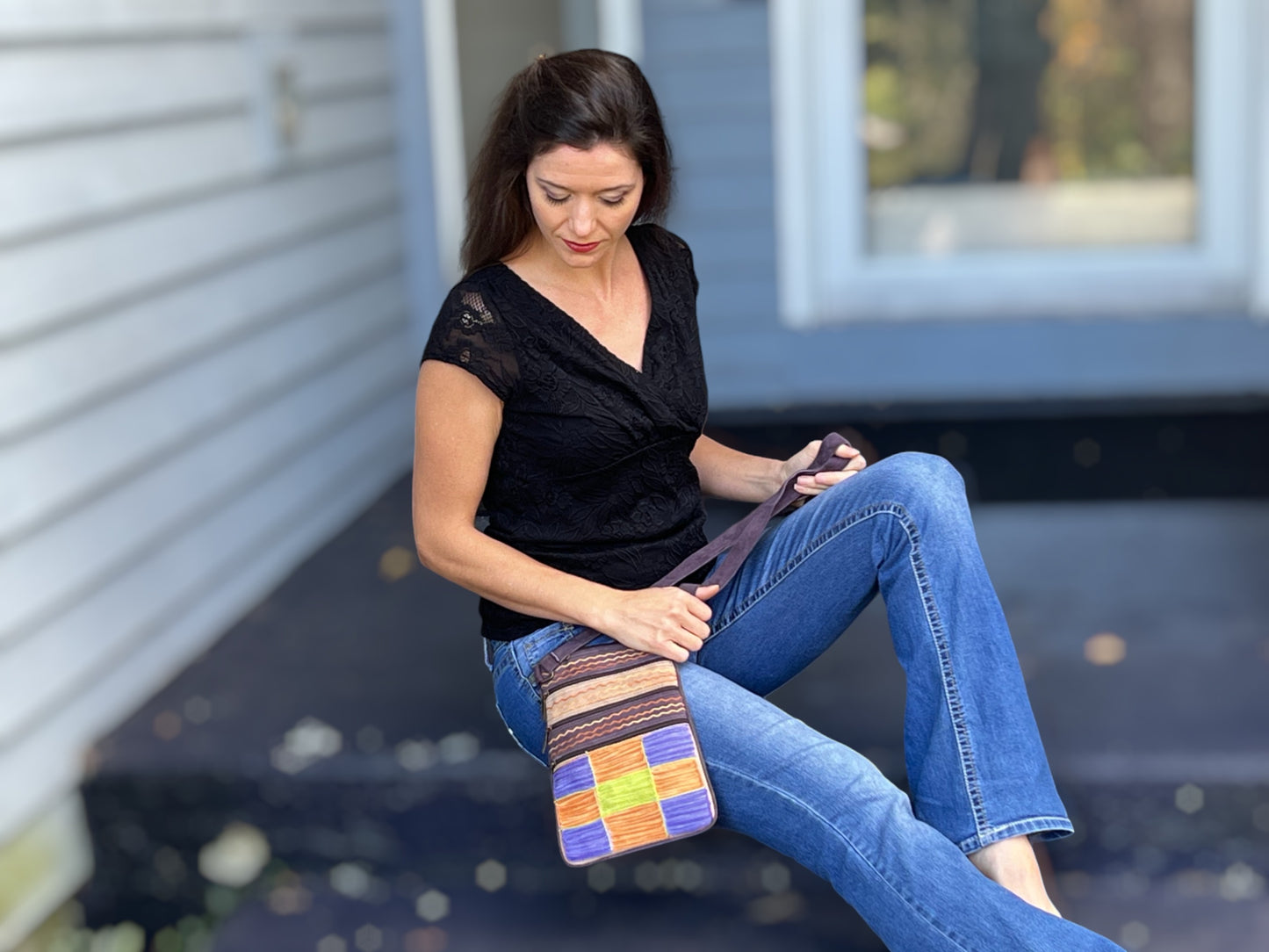 Purple, Green and Peach Suede Cross Body Bag