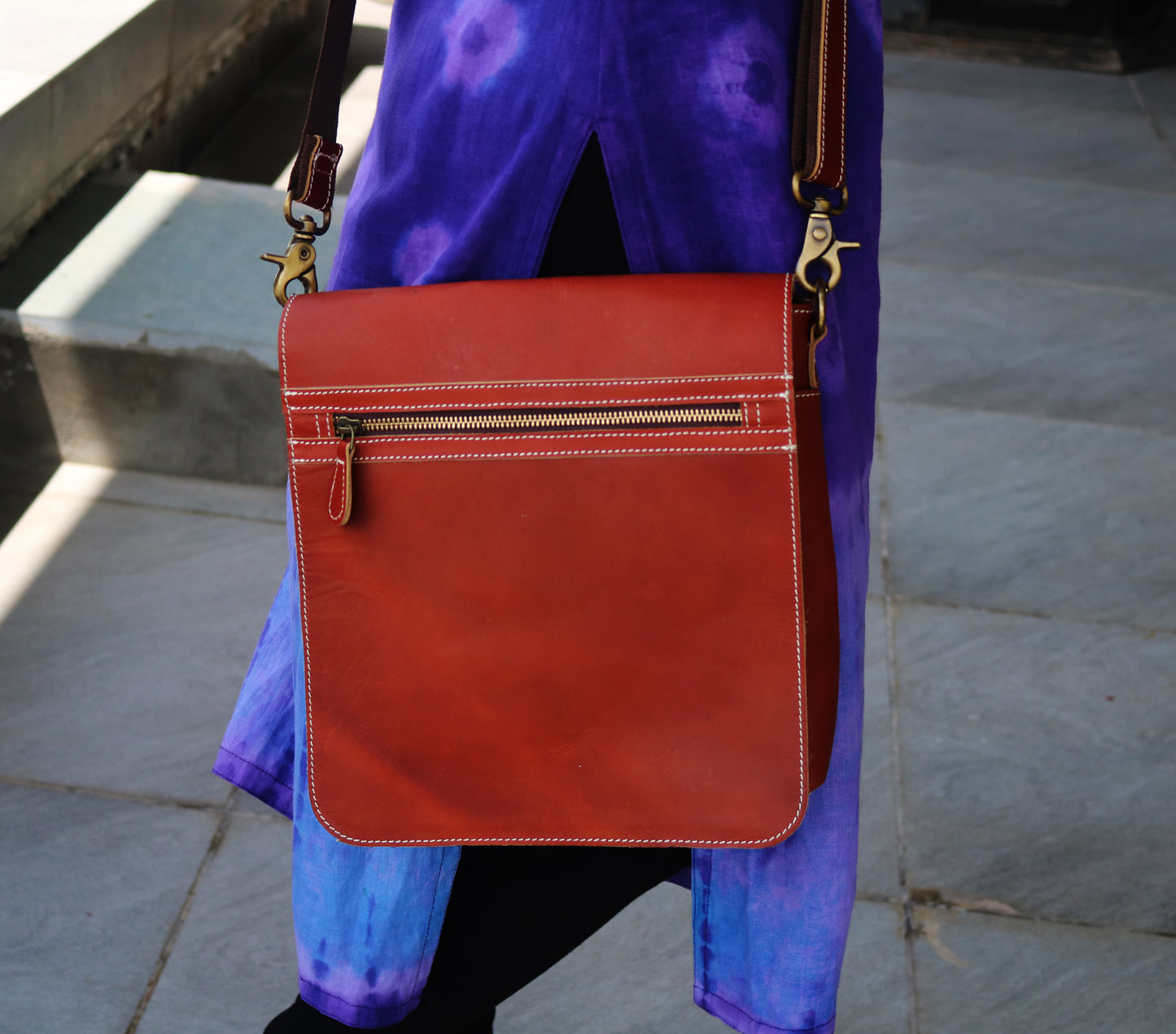 Orange Leather Crossbody Purse Bag.