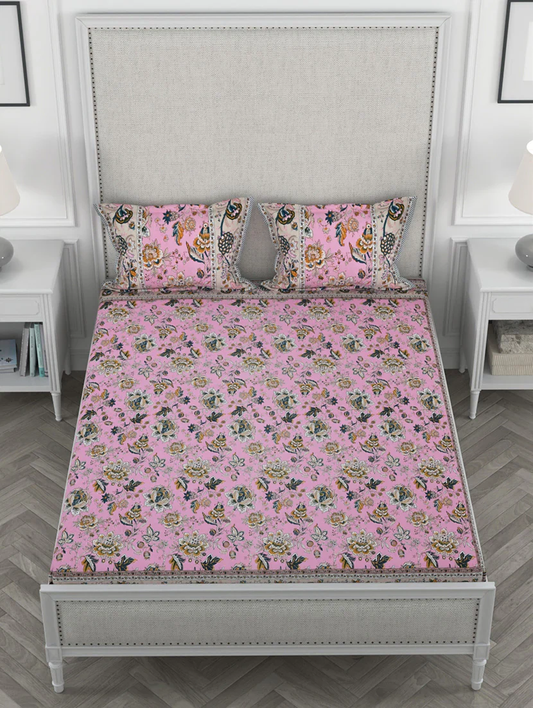 Fitted Printed Double Bedsheets With 2 Pillow Covers