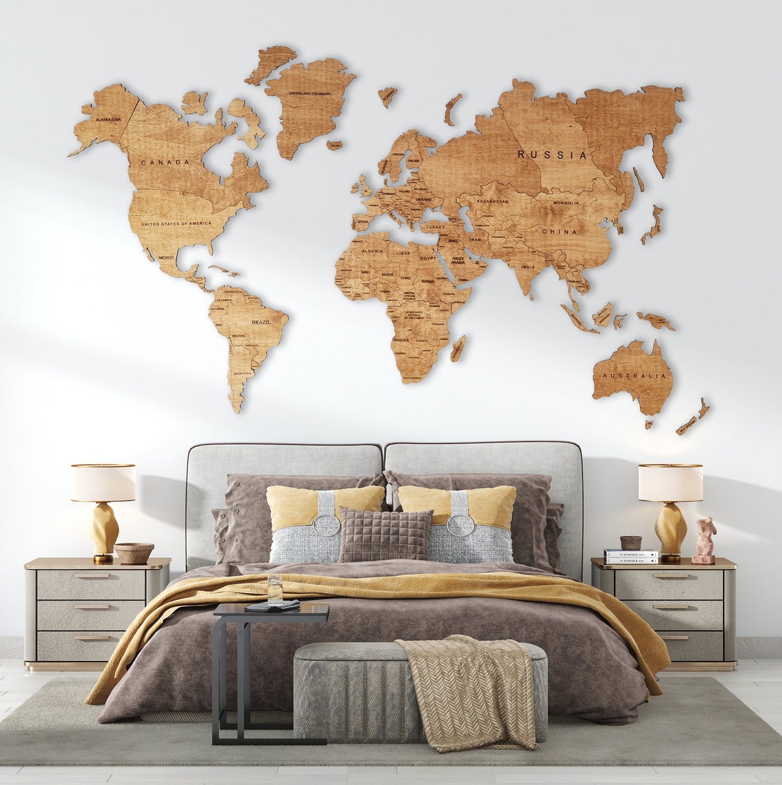 Wooden World Map | Large Travel Map | Canvas | Push pin | Wall decor