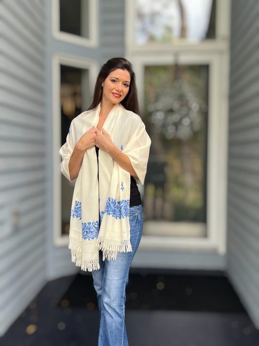 Sapphire and Ivory Embroidered Wool Wrap