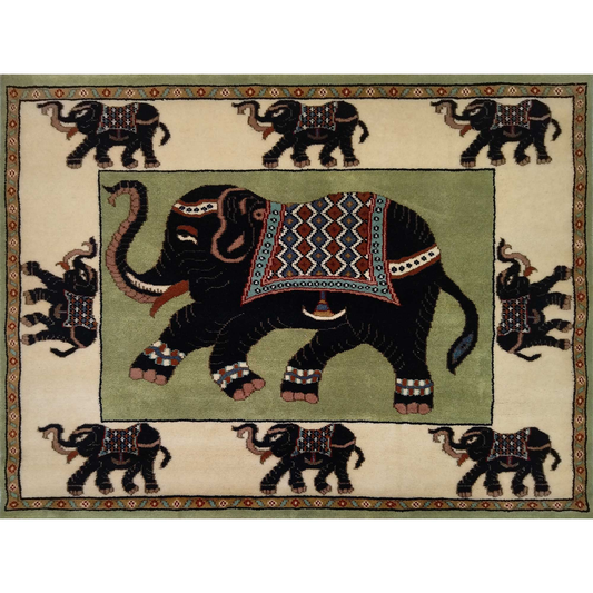 4ftx3ft Hand Knotted Elephant Carpet Green