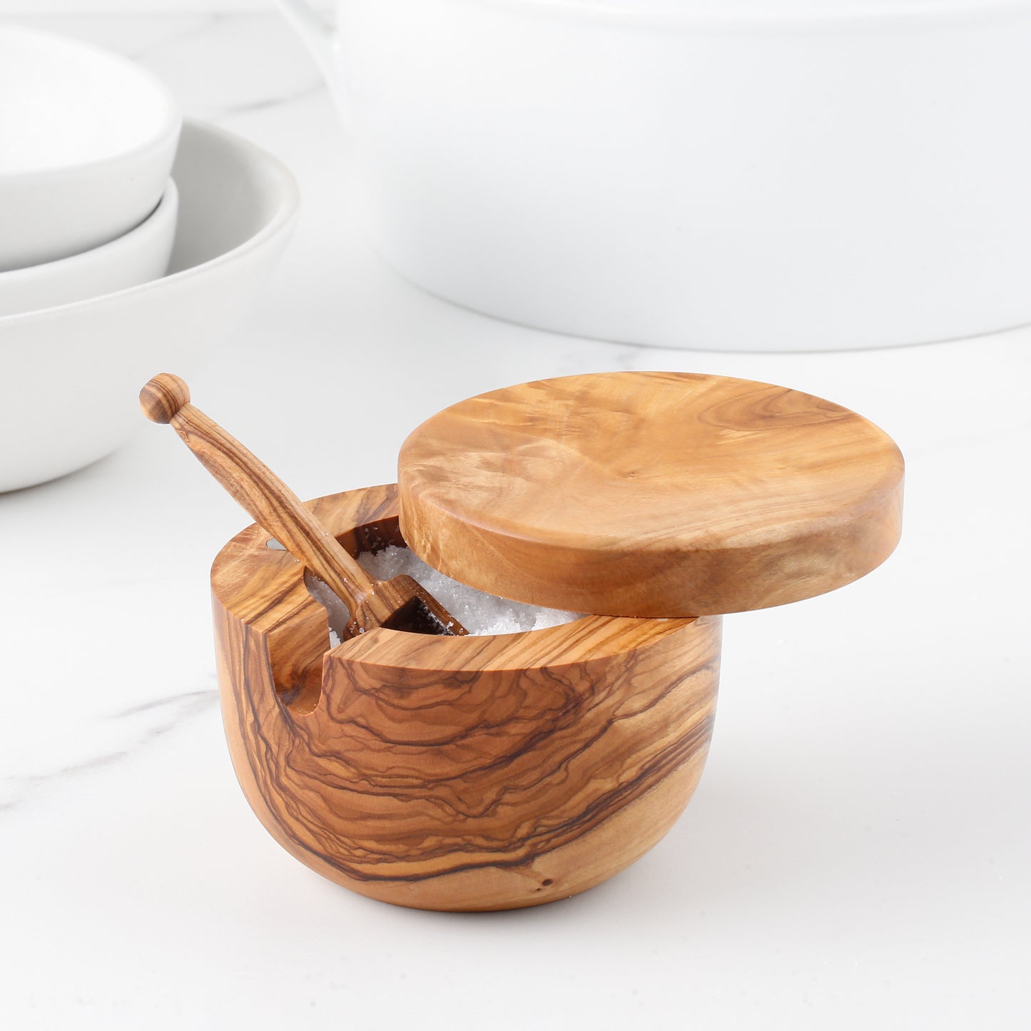 Handmade Olive Wood Salt Cellar with Scoop and Magnetic Lid