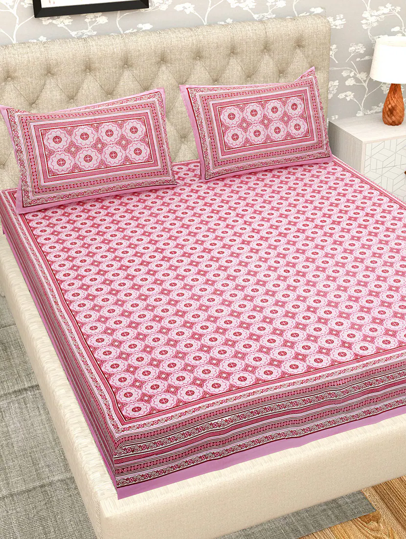 King Size Fitted Printed Double Bedsheets With 2 Pillow