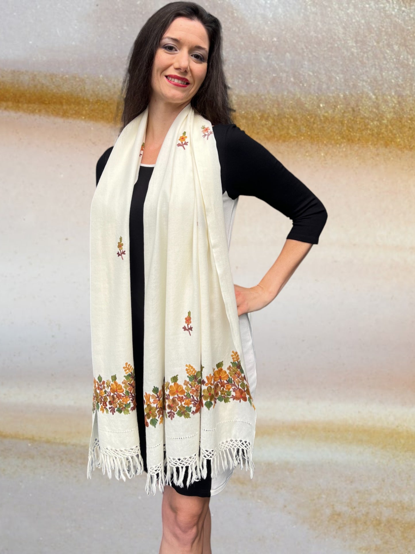 White and Rust Leaves Embroidered Wrap