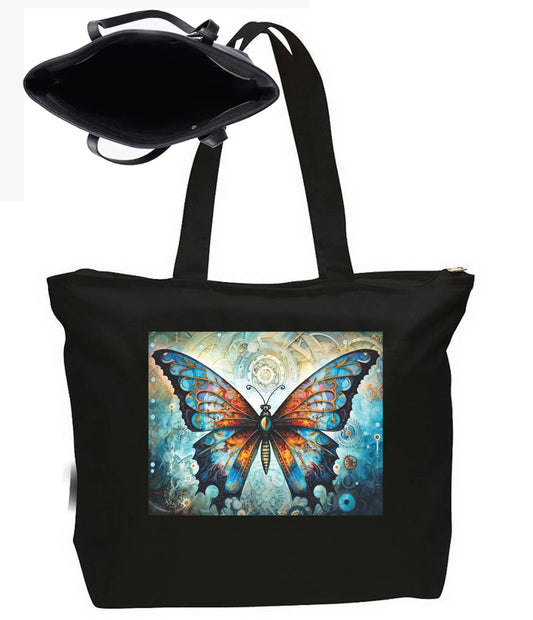 Butterfly and Flowers Large New Zipper Tote Bag