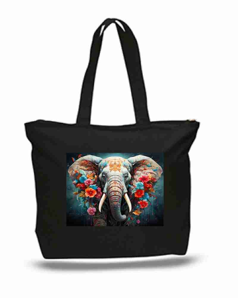 Colorful Elephant and Flowers Art New Zipper Tote Bag