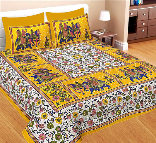 Traditional Jaipuri Printed Bedsheet For Double Bed King Size With 2