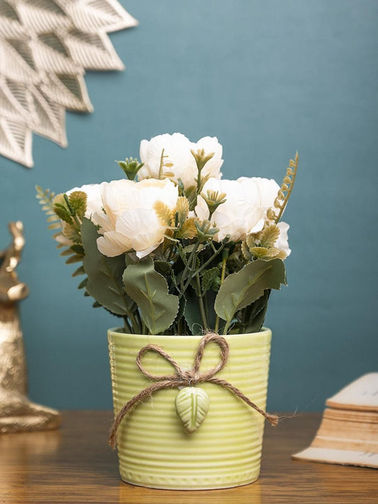 White Rose Fake Flowers With Light Green Pot