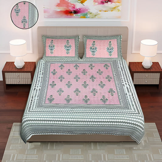 Cotton Jaipuri Vines Prints Flat Bedsheet-LIGHT PINK