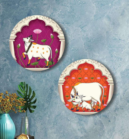 Round Shape Pichwai Cow Art MDF Wall Painting for Living Room