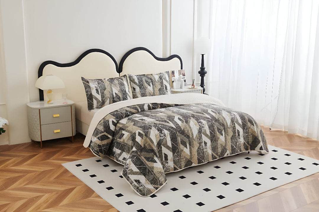 NESTLOOM 3 Pc Printed Bedcover With Bedsheet and Pillow Cover-Brown