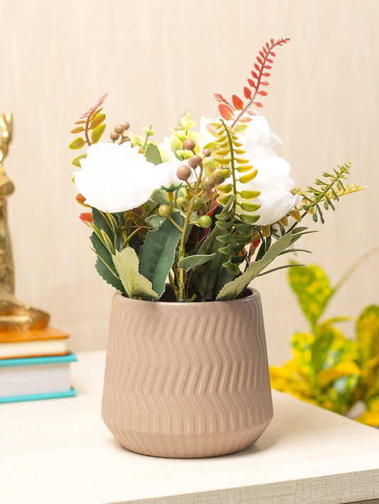 Pink Rose Fake Wave Flowers With Brown Pot