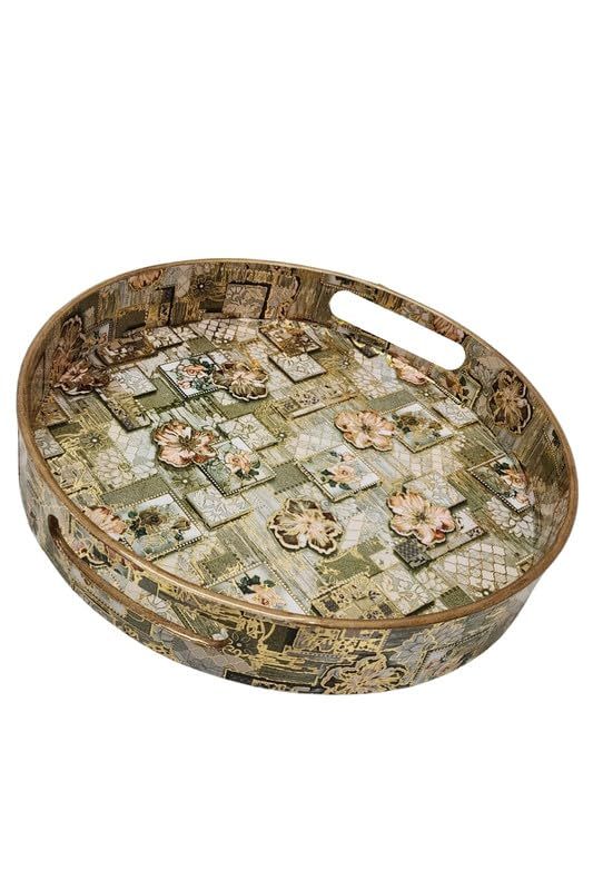 Decorative Wooden Round Serving Trays Multi Print for Home and Kitchen