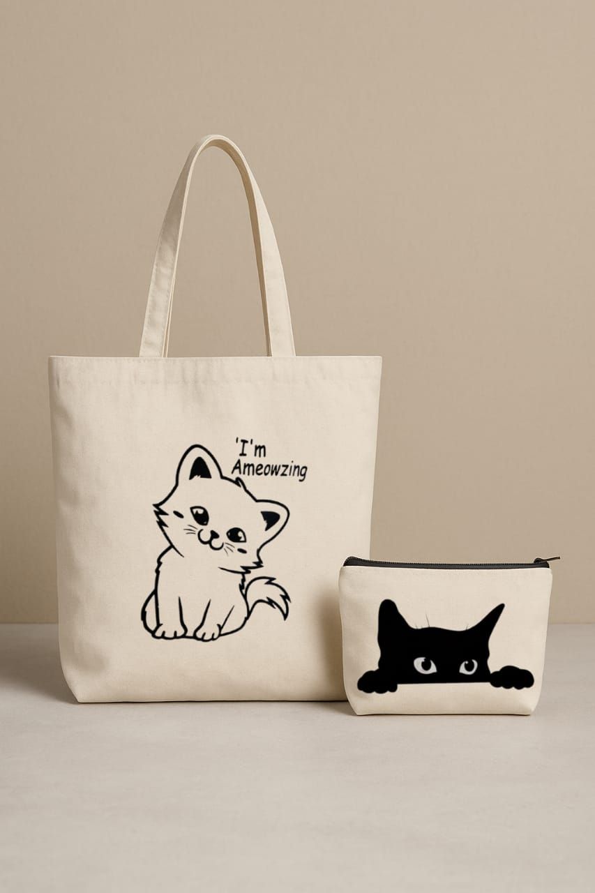 ALYONA “I’m Ameowzing” Canvas Tote Bag with Matching Black Cat Zipper