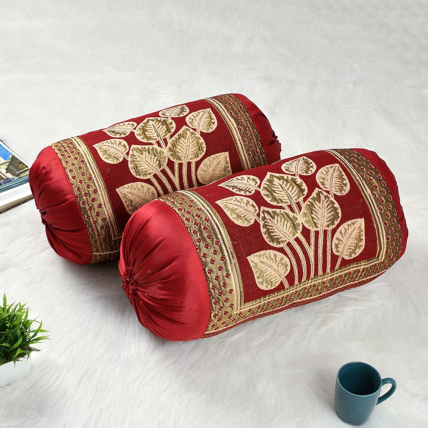 BOLSTER leaf Design PILLOW COVER SET (Size-20x32Inches) (Color-RED)