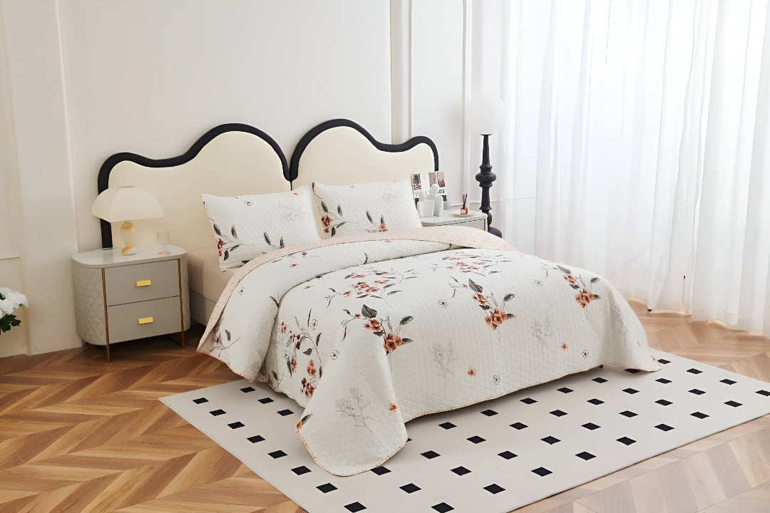 NESTLOOM 3 Pc Printed Bedcover With Bedsheet and Pillow Cover-Beige