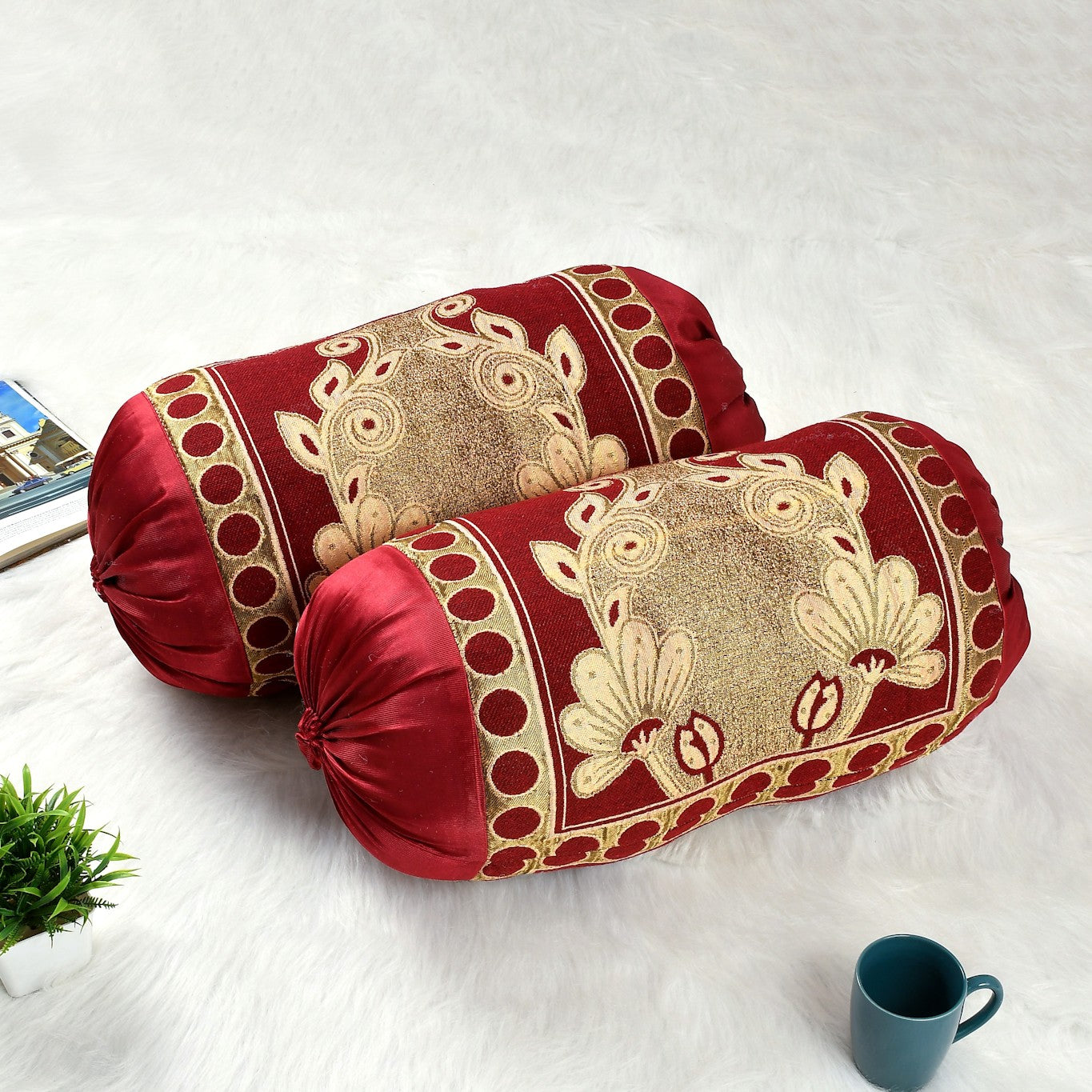 BOLSTER Floral Design PILLOW COVER SET (Size-20x32Inches) (Color-RED)