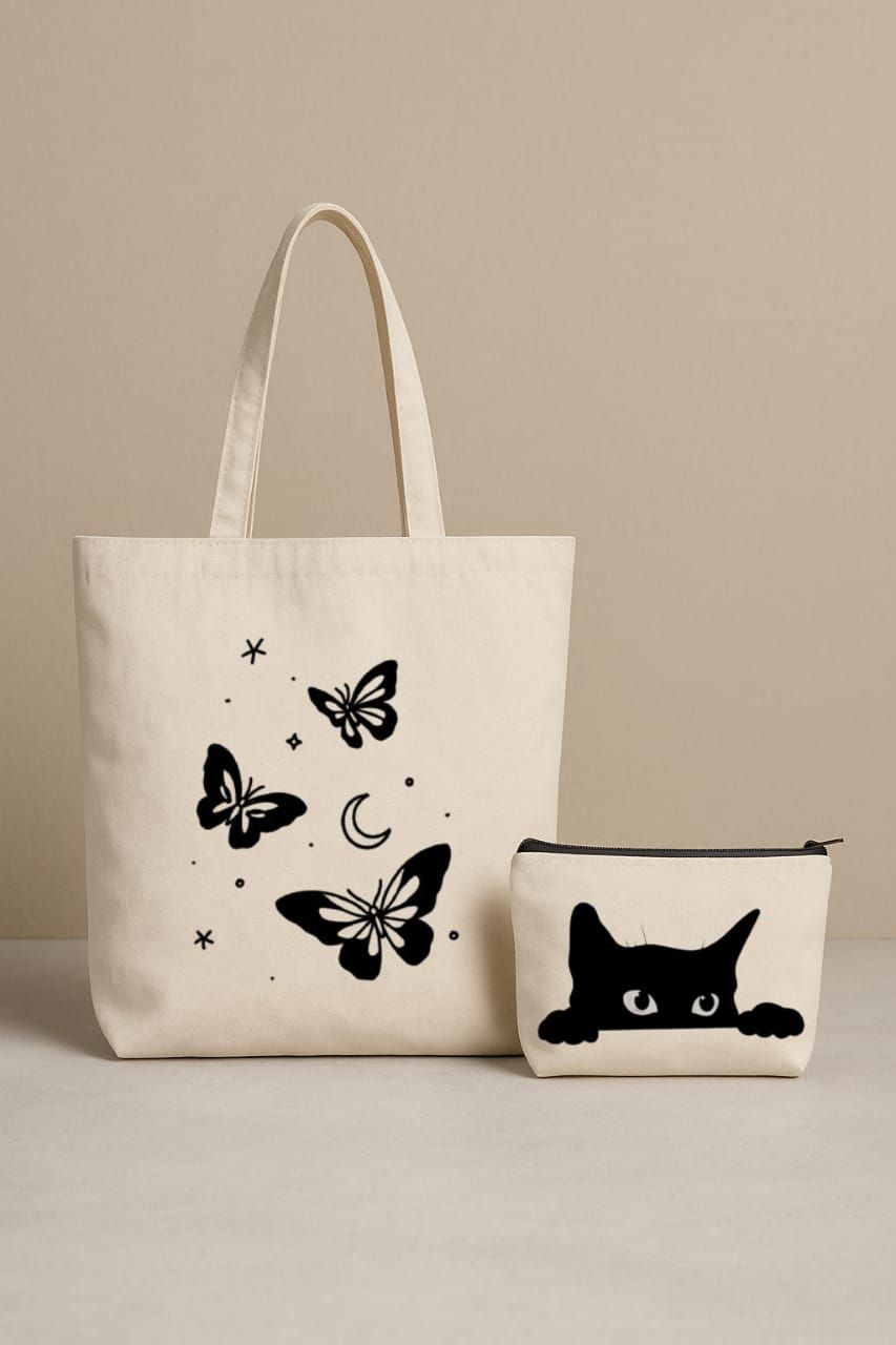 ALYONA Butterfly and Moon Canvas Tote Bag with Matching Cat Silhouette