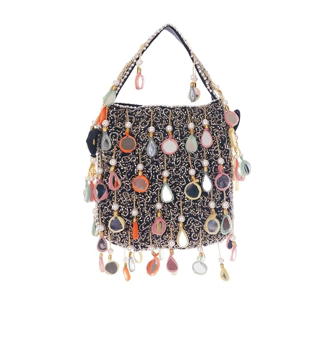 Women/Girl's Designer Heavy Crystal Pearl adorned Black Velvet Potly