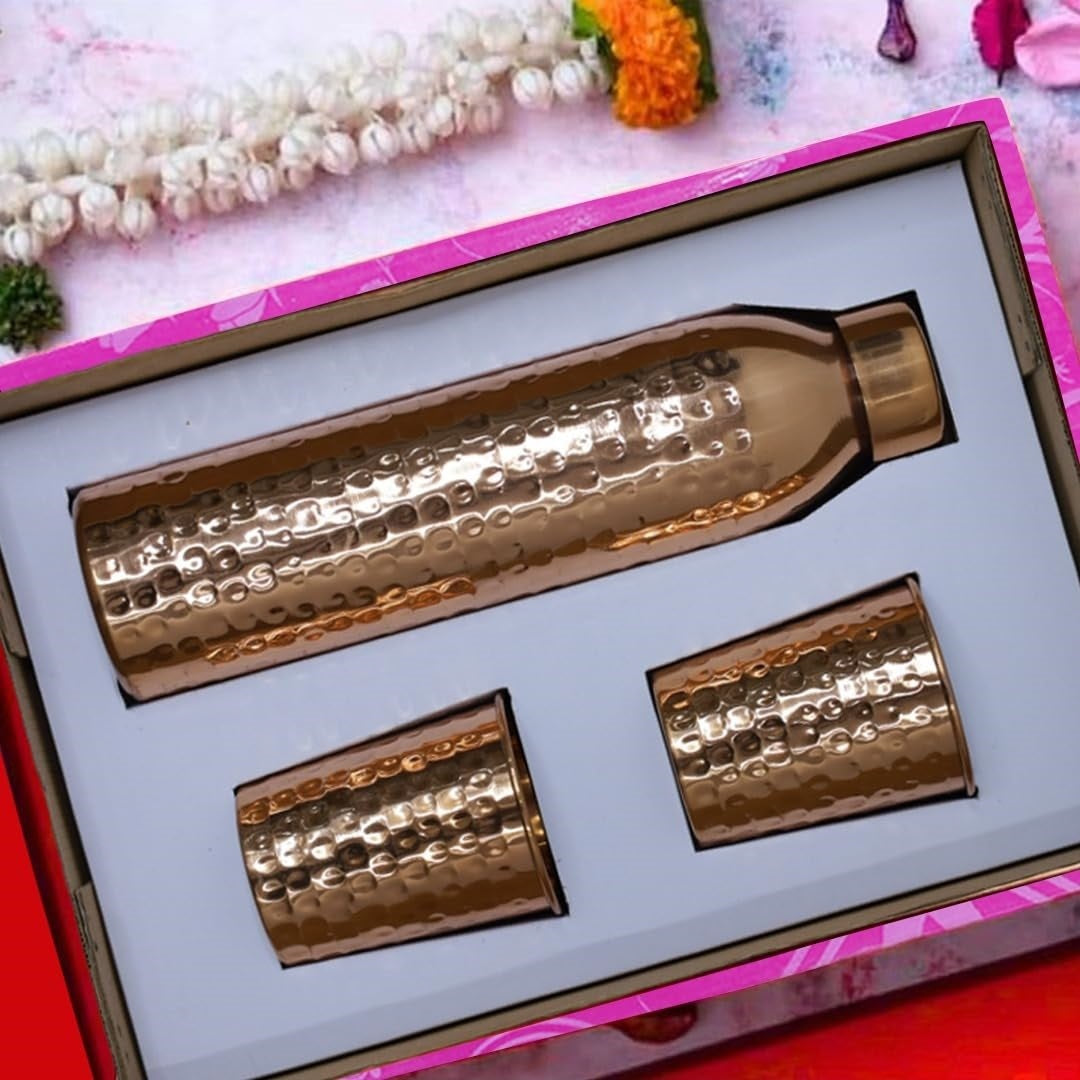 Pure Copper Water Bottle with Glass Set