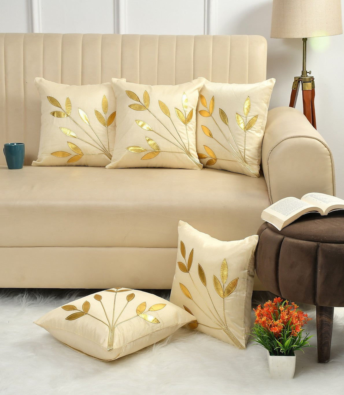 Decorative Golden Leaf Striped Pillow Cover For Bedroom & Living Room