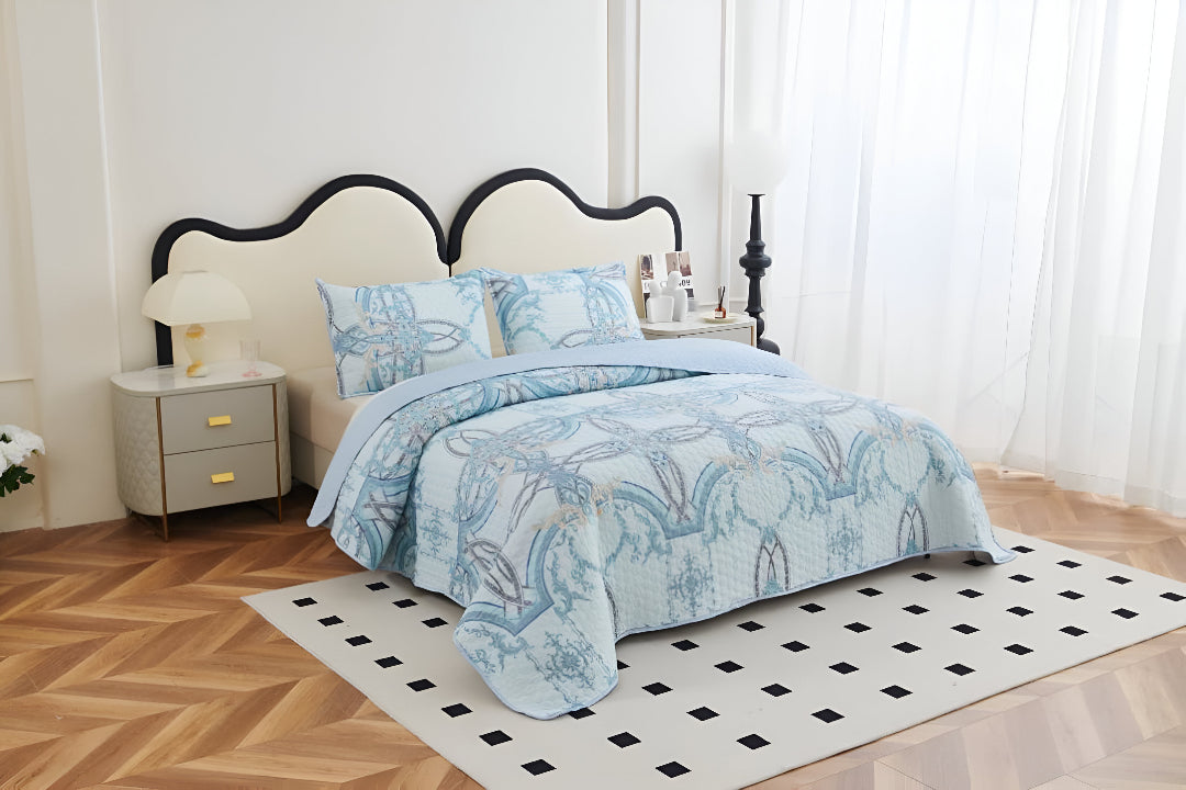 NESTLOOM 3 Pc Printed Bedcover With Bedsheet and Pillow Cover-Sky Blue