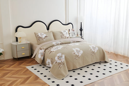 NESTLOOM 3 Pc Printed Bedcover With Bedsheet and Pillow Cover-Tan