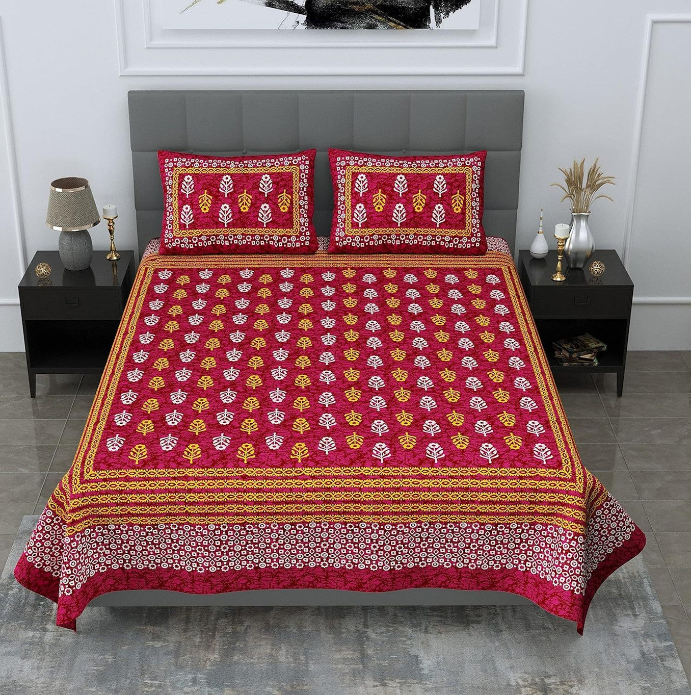 Motif Printed Jaipuri Cotton Double Bedsheet with 2 Pillow Covers,