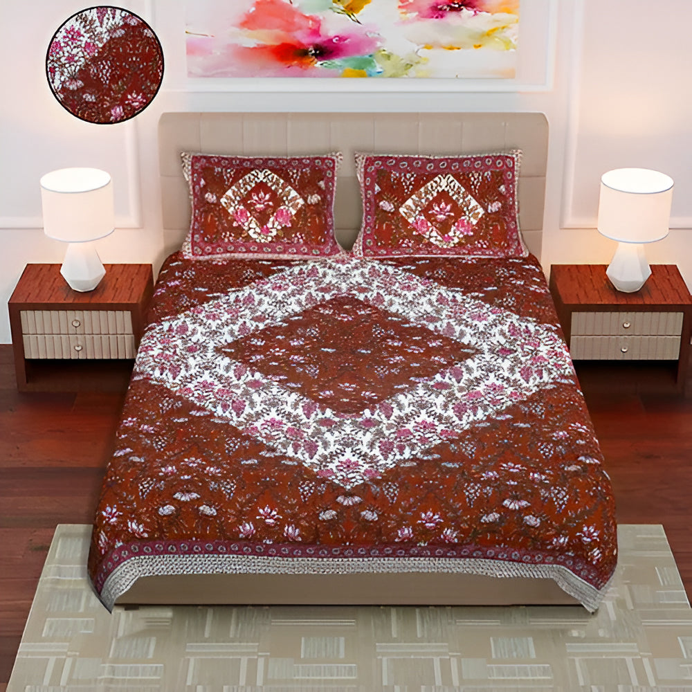 Cotton Jaipuri Floral Prints Flat Bedsheet-GREEN