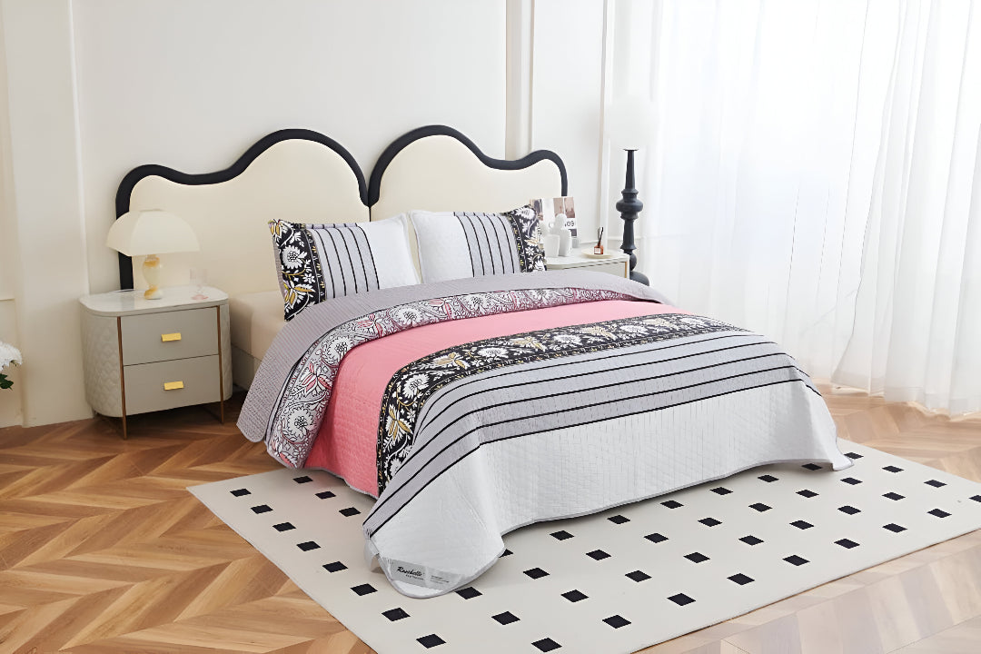 NESTLOOM 3 Pc Printed Bedcover With Bedsheet and Pillow Cover-Grey