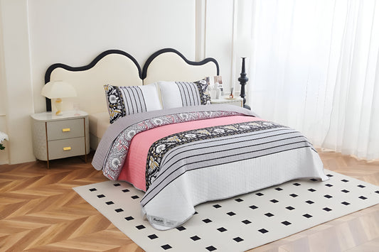 NESTLOOM 3 Pc Printed Bedcover With Bedsheet and Pillow Cover-Grey