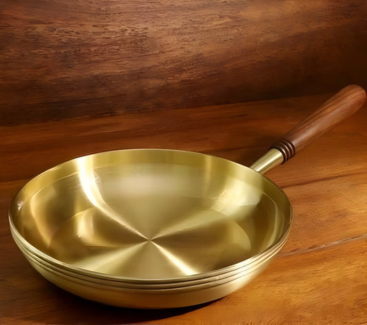 Handcrafted Brass Frying Pan with Wooden Handle For Cooking  Size 39