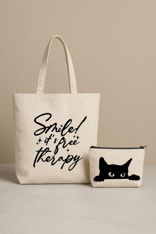 ALYONA Inspirational Quote Tote Bag with Cat Pouch – 'Smile! + It’s