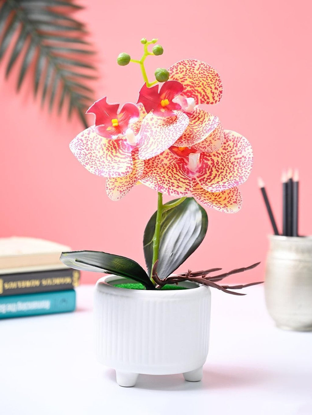 Pink Artificial Orchid Flower With White Pot