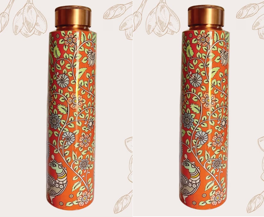 Dancing Peacocks Kalamkari Art Water Bottle Pack of 2